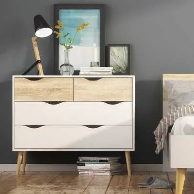 White and Oak Scandinavian Chest of 4 Drawers Cut Out Handles