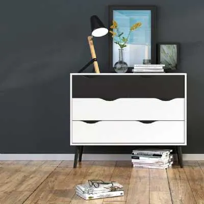 Black and White Scandinavian Chest of 4 Drawers on Black Legs No Handles