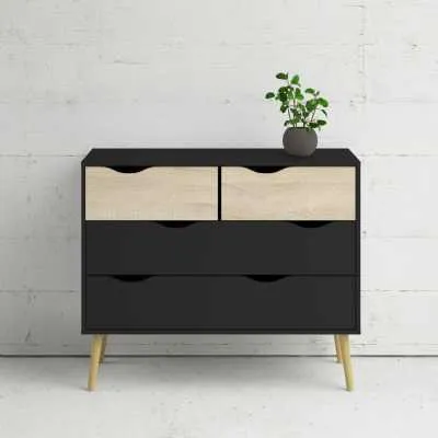 Black Chest of 4 Drawers 2+2 with Light Oak Legs and Front Scandi Style
