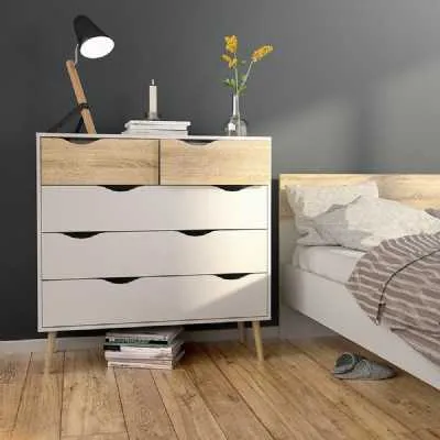 White and Oak Scandinavian 5 Drawer Chest With No Handles