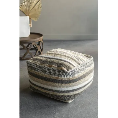 Hand Woven Ivory and Linen Jute Wool Large Square Pouffe