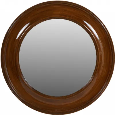 Brown Lacquer Finish Wooden Round 80cm Wall Mirror