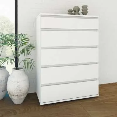 Simple White Chest of 5 Drawers No Handles 77cm Wide