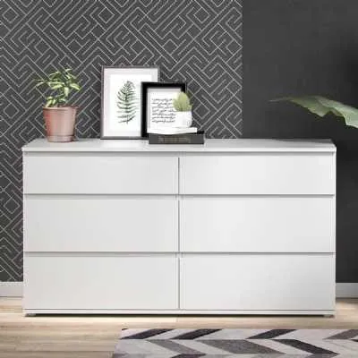 Simple White Wide Chest of 6 Drawers