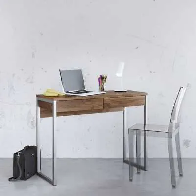 Walnut Slim 2 Drawer Office Study Desk With Silver Metal Legs