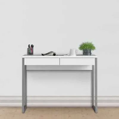 White Slim 2 Drawer Office Study Desk With Silver Metal Legs