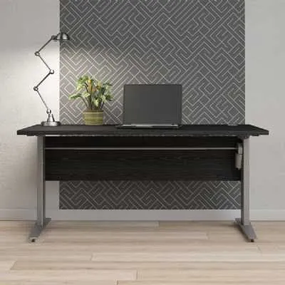 Black Woodgrain Office Desk With Grey Steel Height Adjustable Legs