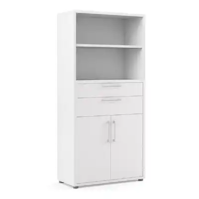 Bookcase 4 Shelves With 2 Drawers and 2 Doors in White