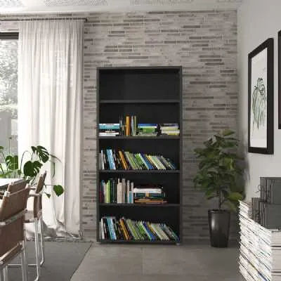 Traditional Tall Black Woodgrain 4 Open Shelf Bookcase