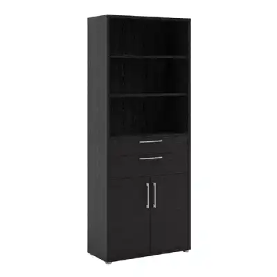 Bookcase 5 Shelves With 2 Drawers and 2 Doors in Black woodgrain