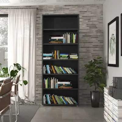 Tall Black Woodgrain 5 Open Shelf Bookcase