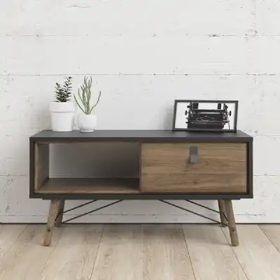 Matt Black Walnut 1 Drawer Coffee Table With Shelf