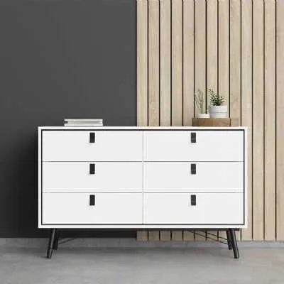 Wide Matt White 6 Drawer Double Chest With Black Handles
