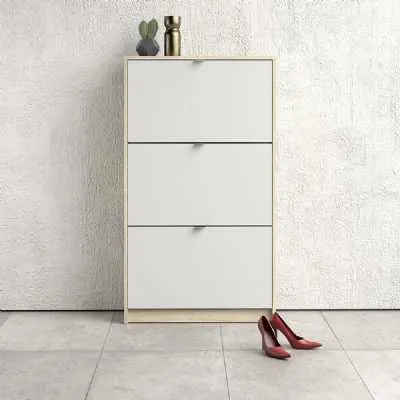 White and Oak Hall Wall Shoes Cabinet 3 Tilting Drop Down Doors 2 Layers