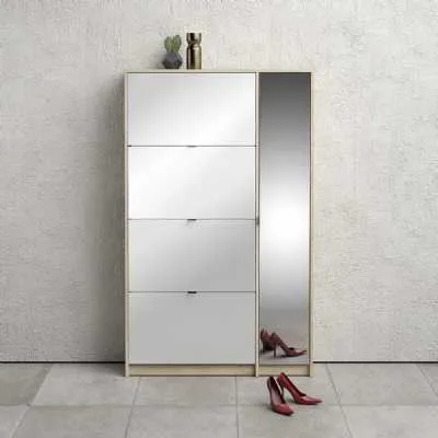 Oak Trimmed Shoe Cabinet With 4 Tilting White High Gloss Doors and 1 Mirror Door