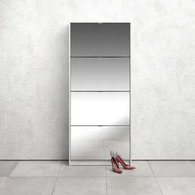 White Shoes Cabinet 4 Mirrored Glass Tilting Drop Down Doors 162cm Tall 2 Layers