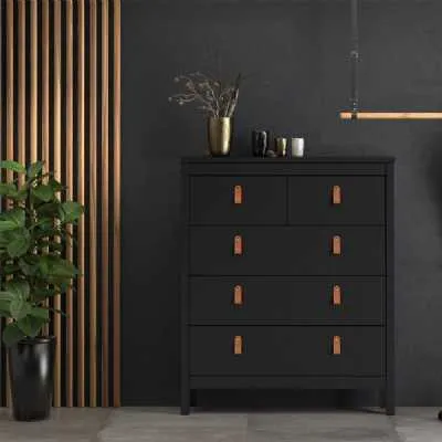 Chest of 5 Drawers Matt Black with Brown Leather Tab Handles