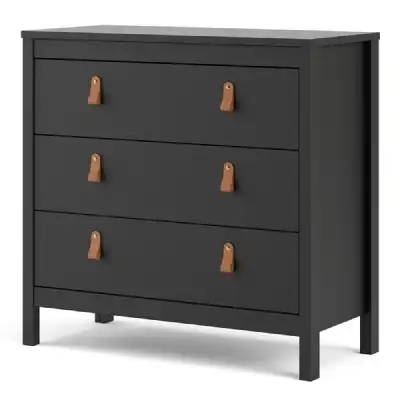 Black Chest of 3 Drawers with Brown Leather Tab Handles
