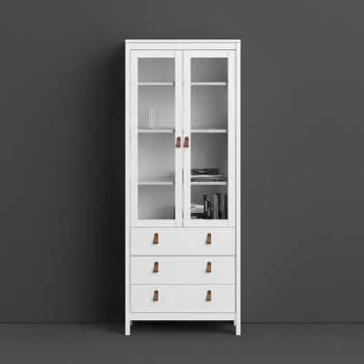 White 2 Glass Door And 3 Drawer Cabinet With Brown Leather Handles