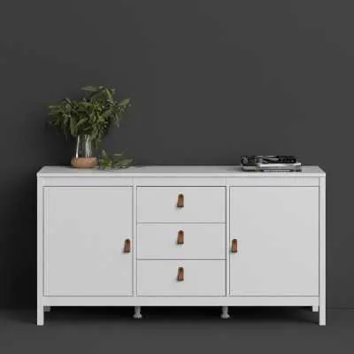 Wide White 2 Door 3 Drawer Sideboard With Brown Leather Tab Handles
