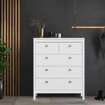 White 5 Drawer Chest With Round Metal Knobs