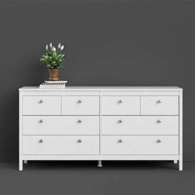 Wide White 8 Drawer Double Dresser With Metal Knobs 79.7x159.4x38.4cm
