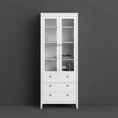 White 2 Glass Door And 3 Drawer Cabinet With Metal Round Handles