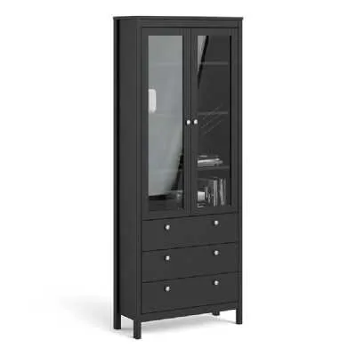 Matt Black 2 Glass Door 3 Drawer Cabinet With Metal Knobs 199x77.85cm