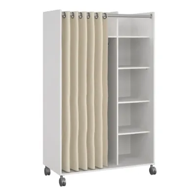 Uppsala Open Mobile Wardrobe Unit in White with a Beige Textile Curtain on Wheels