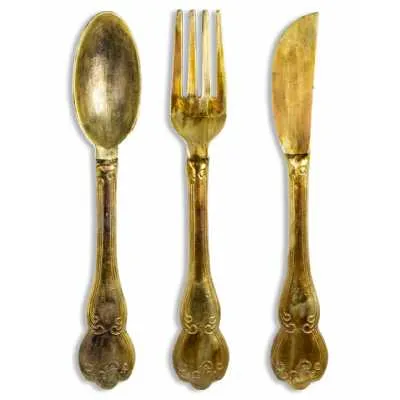 Gold Fork Knife and Spoon Set of Wall Hangings