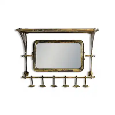 Gold Metal Luggage Wall Rack with Mirror and Hooks