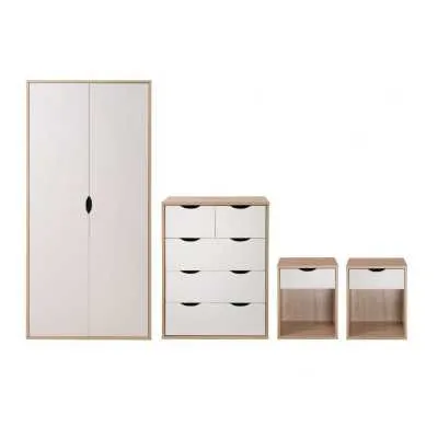 4 Piece Bedroom Set Light Oak and White Chest of 5 Drawers 2 Door Double Wardrobe 2 Bedside Tables