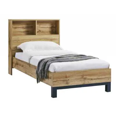 Oak Finish Wood 90cm Single 3ft Bed Frame with Bookcase Headboard Black Legs