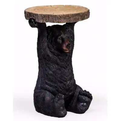 Black Bear Holding Trunk Slice Lamp Table