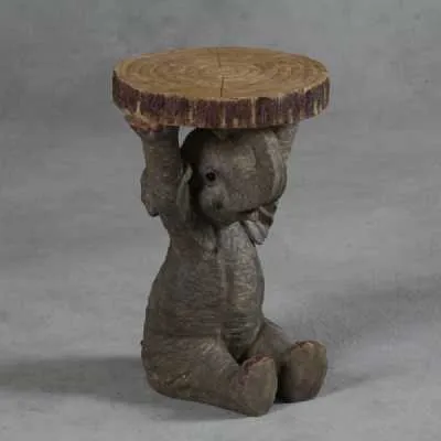 Elephant Holding Wood Trunk Slice Side Table