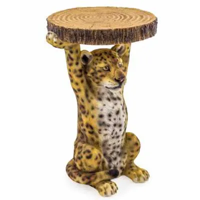 Leopard Holding Trunk Slice Side Table