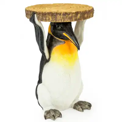 Penguin Holding Wood Slice Side Table