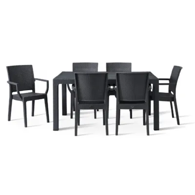 Outdoor 150cm Table and 6 Arm Chairs in Polypropylene Anthracite
