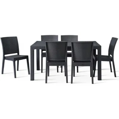 Outdoor 150cm Table and 6 Side Chairs in Polypropylene Anthracite