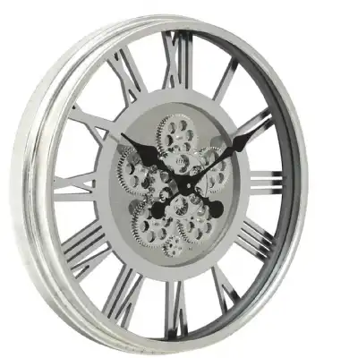 Large Silver Gears Round Wall Clock with Moving Cogs