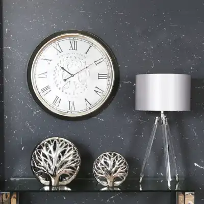 Silver Framed Moving Gears Wall Clock Roman Numerals