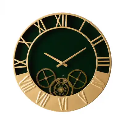 Dark Green And Gold Metal Gears Wall Clock
