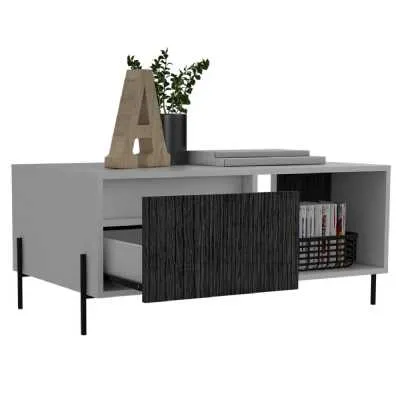 Modern Wide Grey and Carbon Finished 1 Sliding Drawer Coffee Table 40x92.5cm