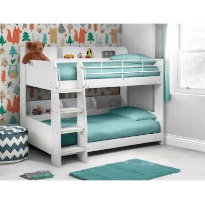 Modern White Wooden Single Kids Sleeper Bunk Bed with Ladder and Shelving