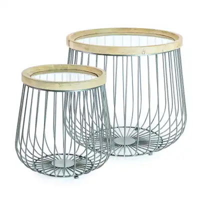 Silver Metal Set of 2 Cage Round Side Tables