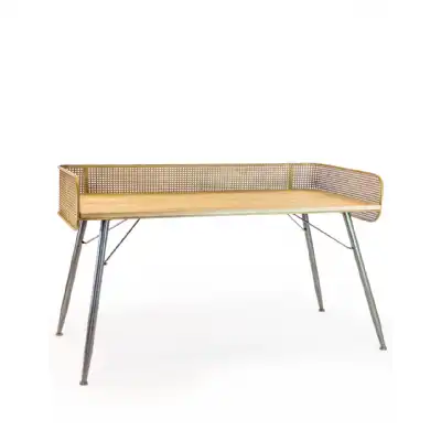 Rustic Metal Rattan Wooden Top Desk