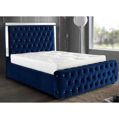 Luxury Blue Plush Velvet Mirrored 4ft 6 Fabric Bed