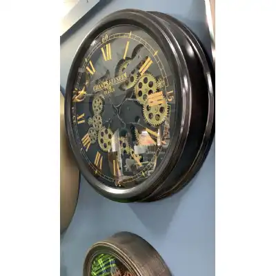 Black and Gold Round Moving Gears Wall Clock