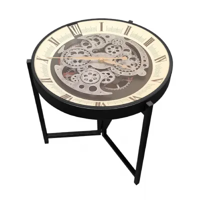 Black Metal Round Clock Top Side Table with Moving Gears