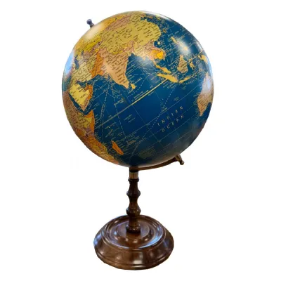 Large Blue Globe On Brass And Wood Stand